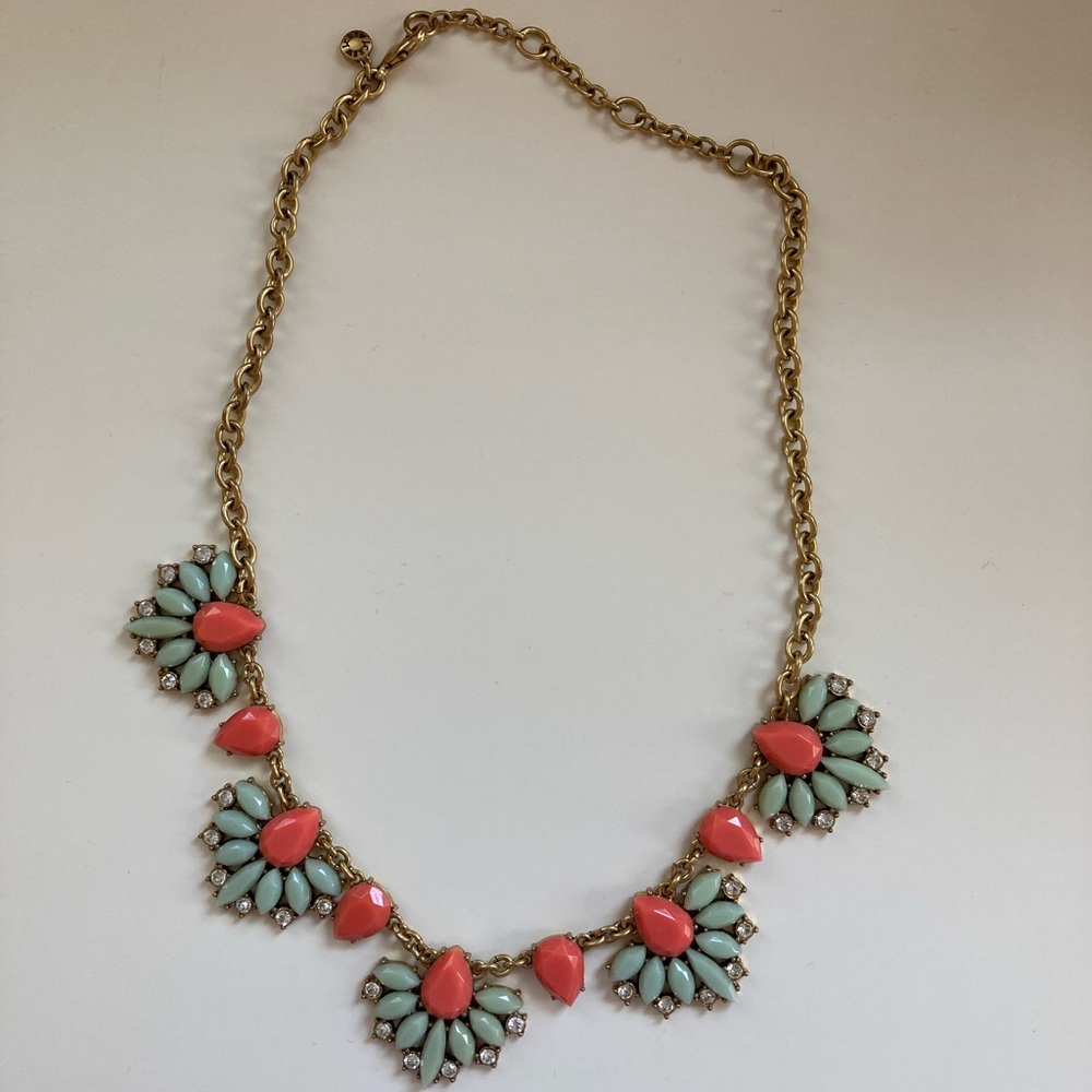 J Crew Statement Necklace with Peach and Light Blue Geometric Design